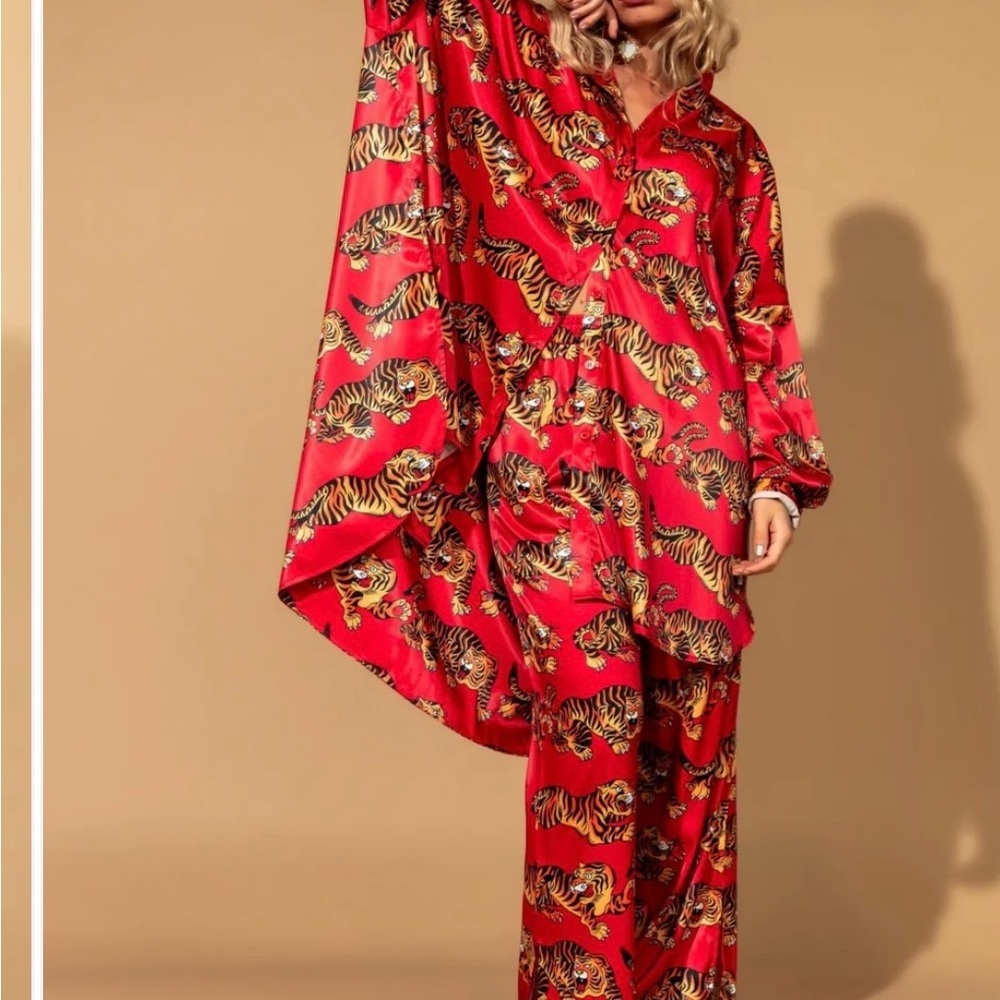 Dressed in Lala Red Tiger Print Satin PANTS ONLY large